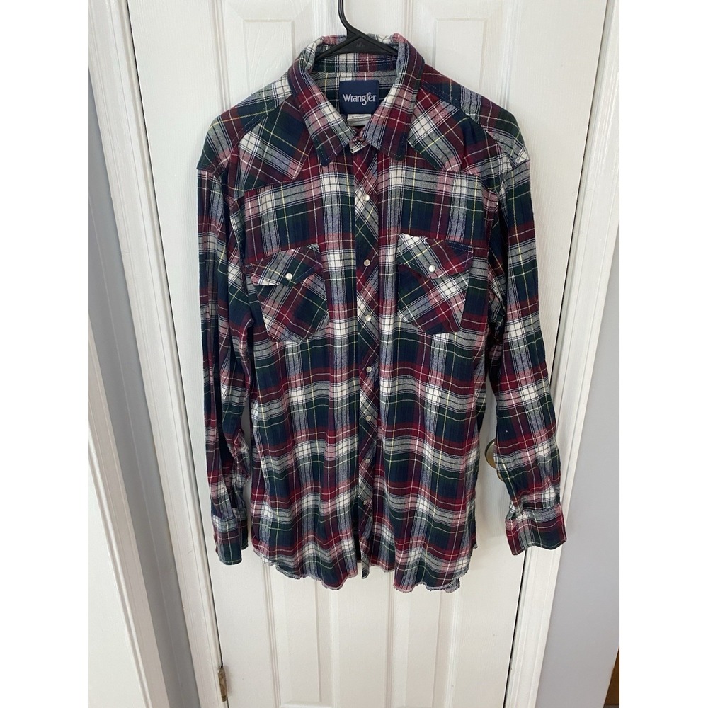 Wrangler Western Shirt Mens XLT Red Green Plaid Pearl Snap Long Sleeve 75098AA